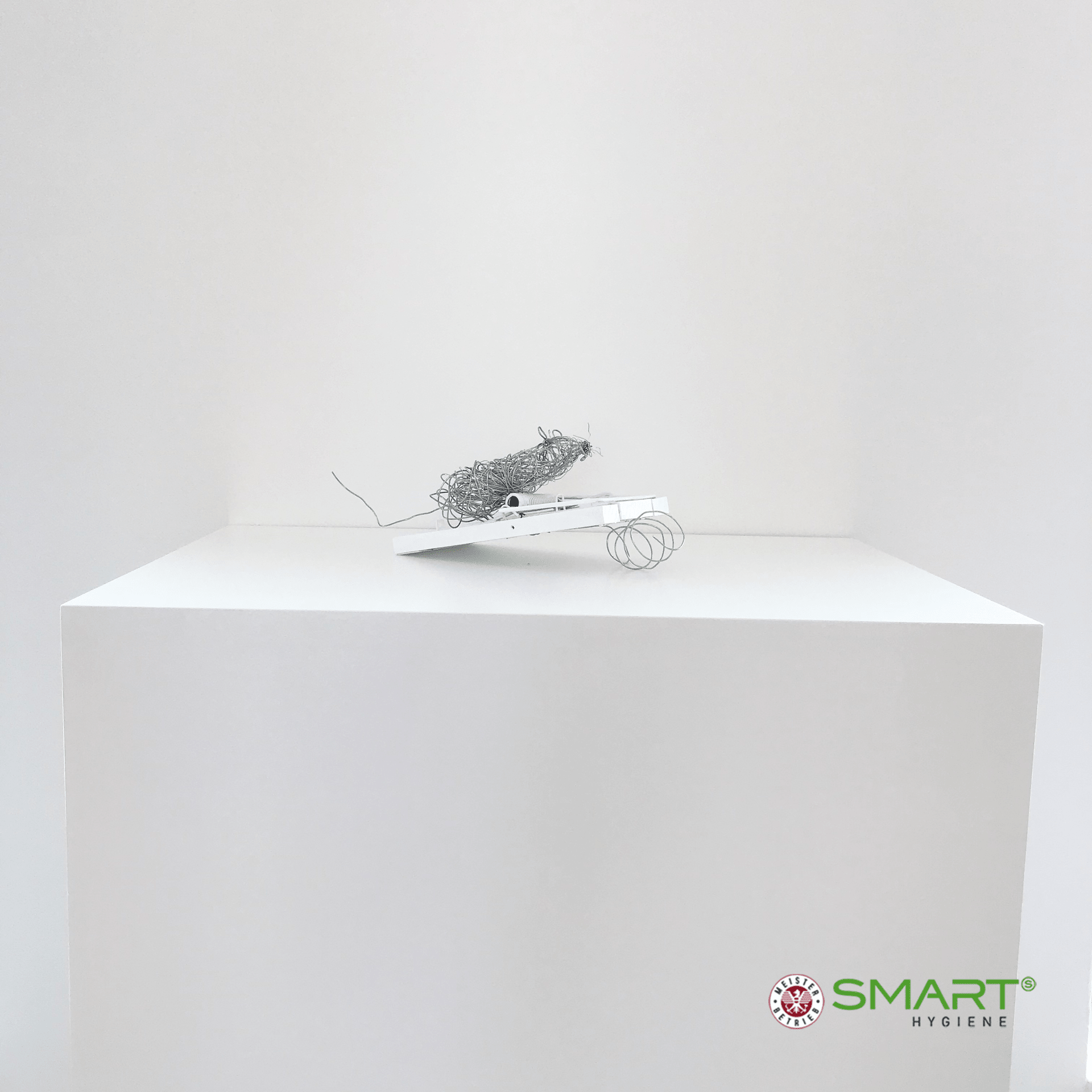 Bílá krabice s drátěným objektem, prezentovaná v rámci akce CANCOM smART Walk jako ilustrace digitálního umění.